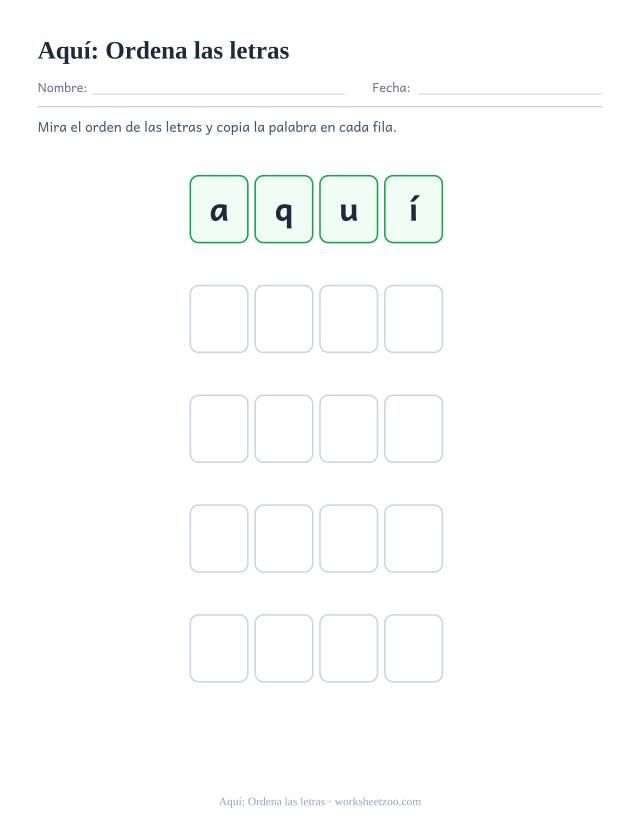 Ficha de la palabra frecuente «aquí», ordena las letras para imprimir