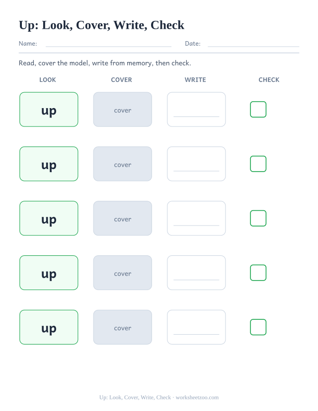 Sight word “up” worksheet, look, cover, write, check printable activity