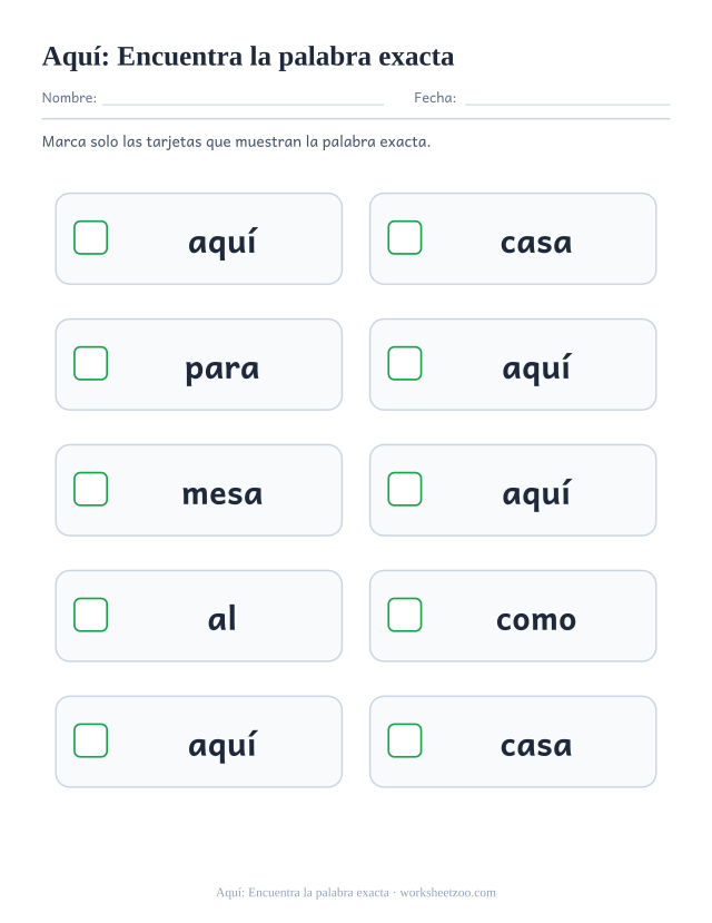 Ficha de la palabra frecuente «aquí», encuentra la palabra exacta para imprimir
