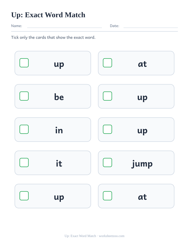 Sight word “up” worksheet, exact word match printable activity