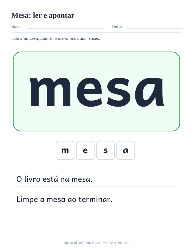 Prévia da palavra frequente “mesa”, ler e apontar