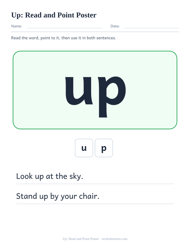 Sight word “up” worksheet, read and point poster printable activity