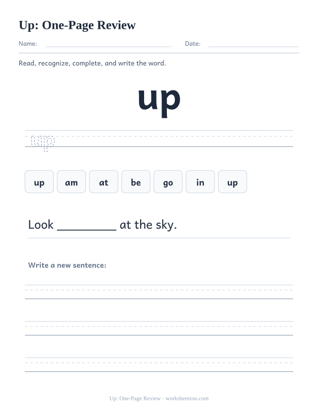 Sight word “up” worksheet, one-page review printable activity