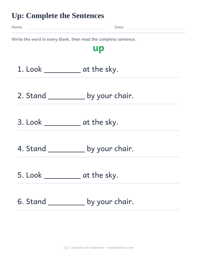 Sight word “up” worksheet, complete the sentences printable activity