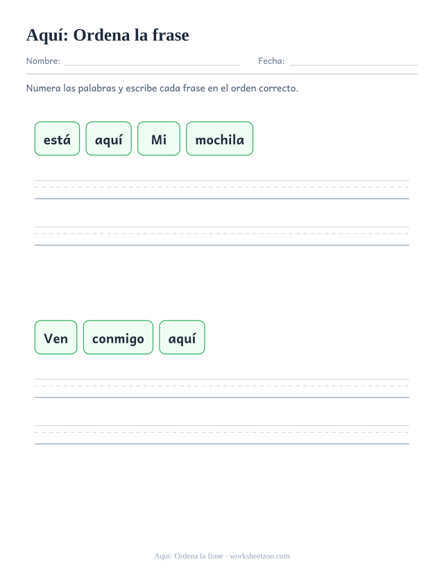 Ficha de la palabra frecuente «aquí», ordena la frase para imprimir