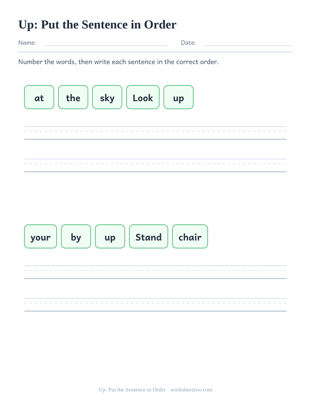 Sight word “up” worksheet, put the sentence in order printable activity