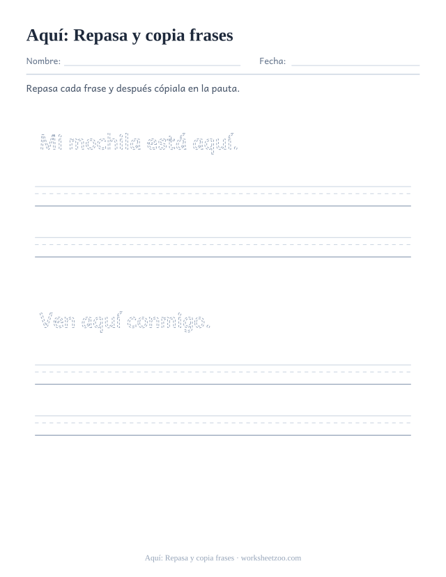 Ficha de la palabra frecuente «aquí», repasa y copia frases para imprimir