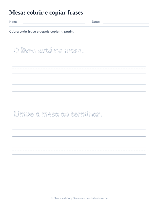 Prévia da palavra frequente “mesa”, cobrir e copiar frases