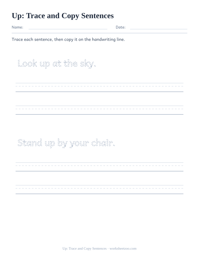 Sight word “up” worksheet, trace and copy sentences printable activity