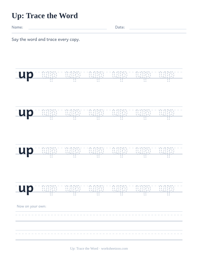 Sight word “up” worksheet, trace the word printable activity