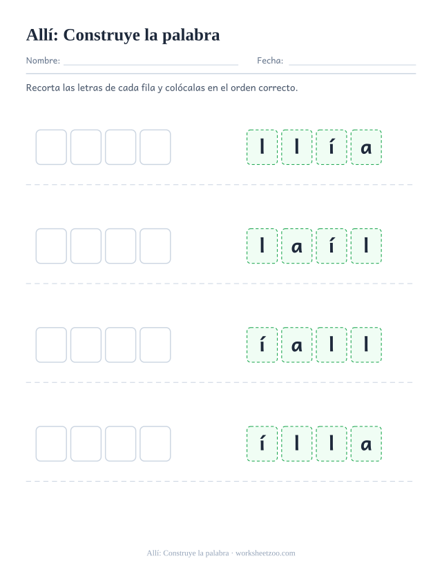 Ficha de la palabra frecuente «allí», construye la palabra para imprimir
