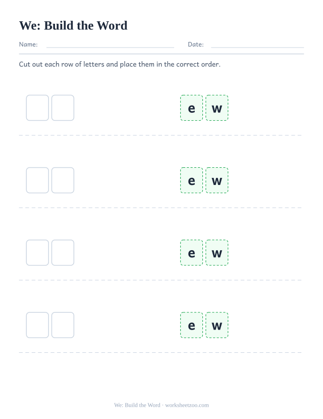 Sight word “we” worksheet, build the word printable activity