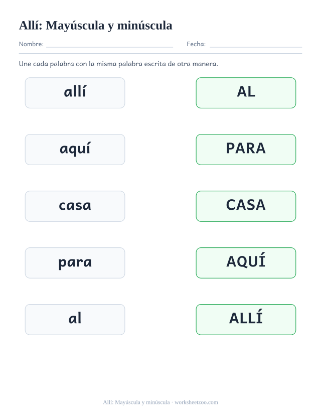 Ficha de la palabra frecuente «allí», mayúscula y minúscula para imprimir