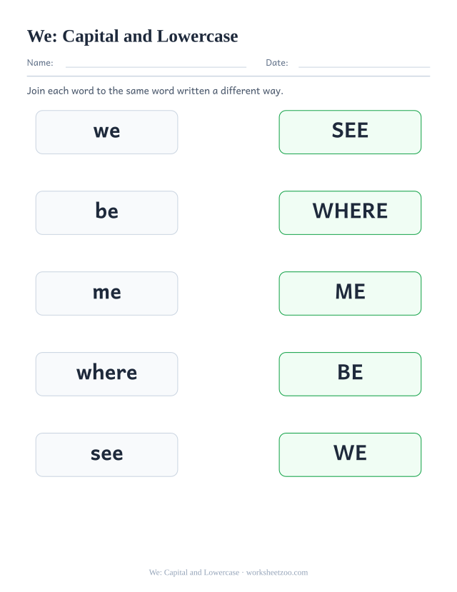 Sight word “we” worksheet, capital and lowercase printable activity