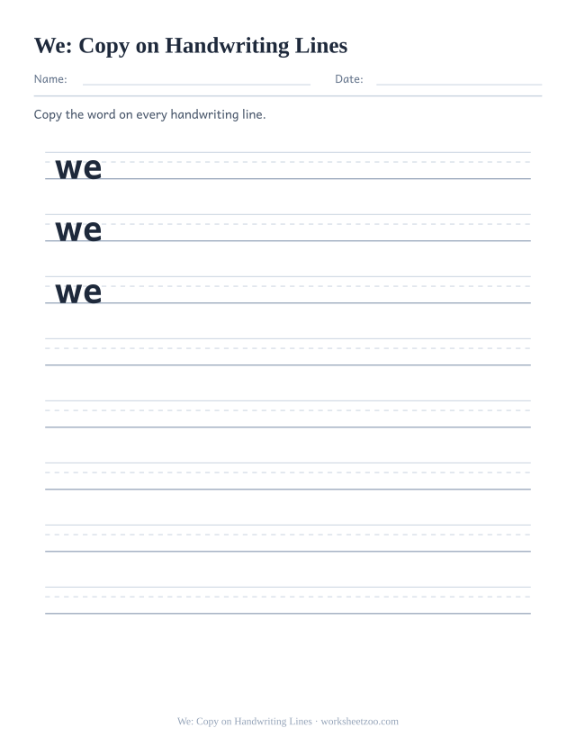 Sight word “we” worksheet, copy on handwriting lines printable activity