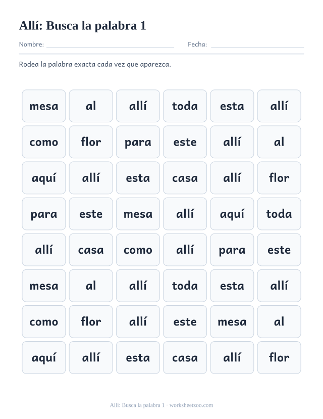 Ficha de la palabra frecuente «allí», busca la palabra 1 para imprimir