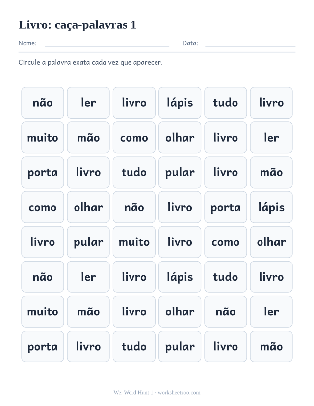 Prévia da palavra frequente “livro”, caça-palavras 1