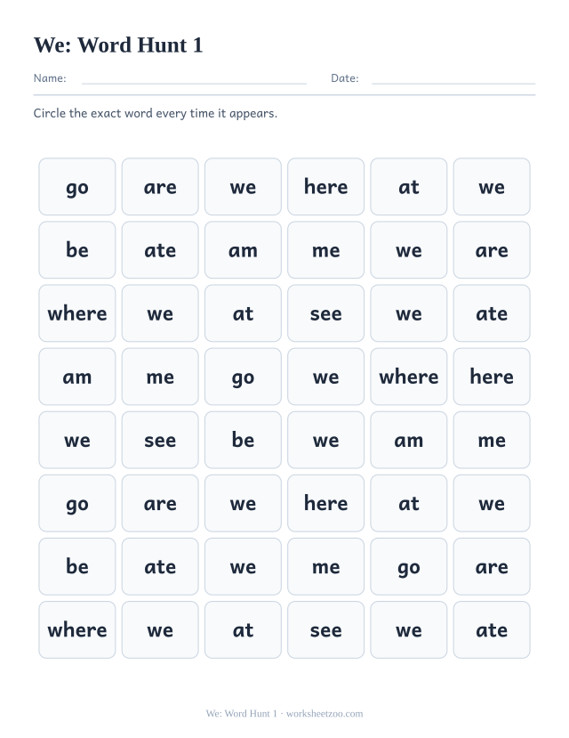 Sight word “we” worksheet, word hunt 1 printable activity