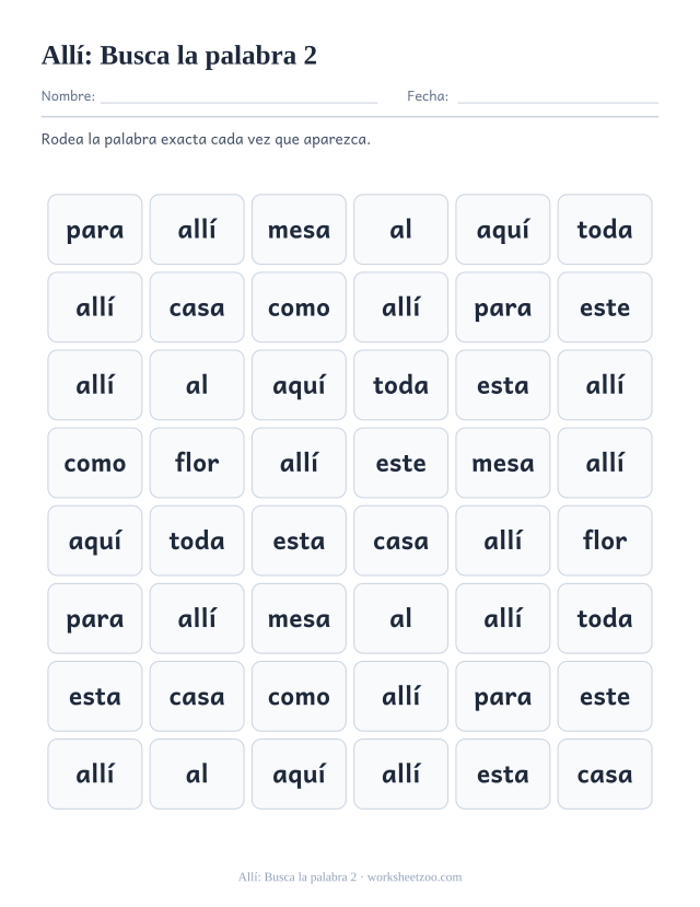 Ficha de la palabra frecuente «allí», busca la palabra 2 para imprimir