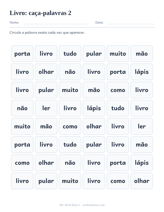 Prévia da palavra frequente “livro”, caça-palavras 2
