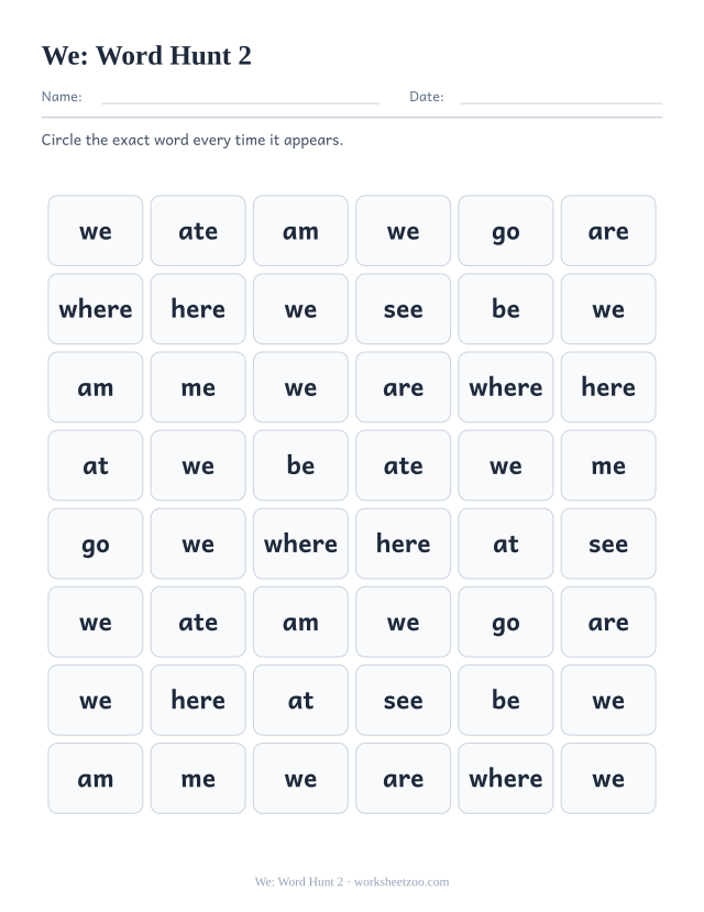 Sight word “we” worksheet, word hunt 2 printable activity