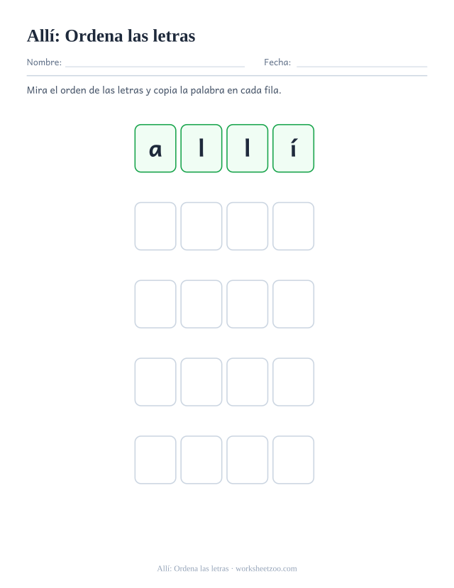 Ficha de la palabra frecuente «allí», ordena las letras para imprimir
