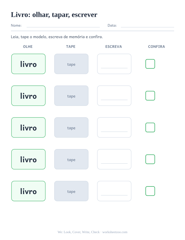 Prévia da palavra frequente “livro”, olhar, tapar, escrever