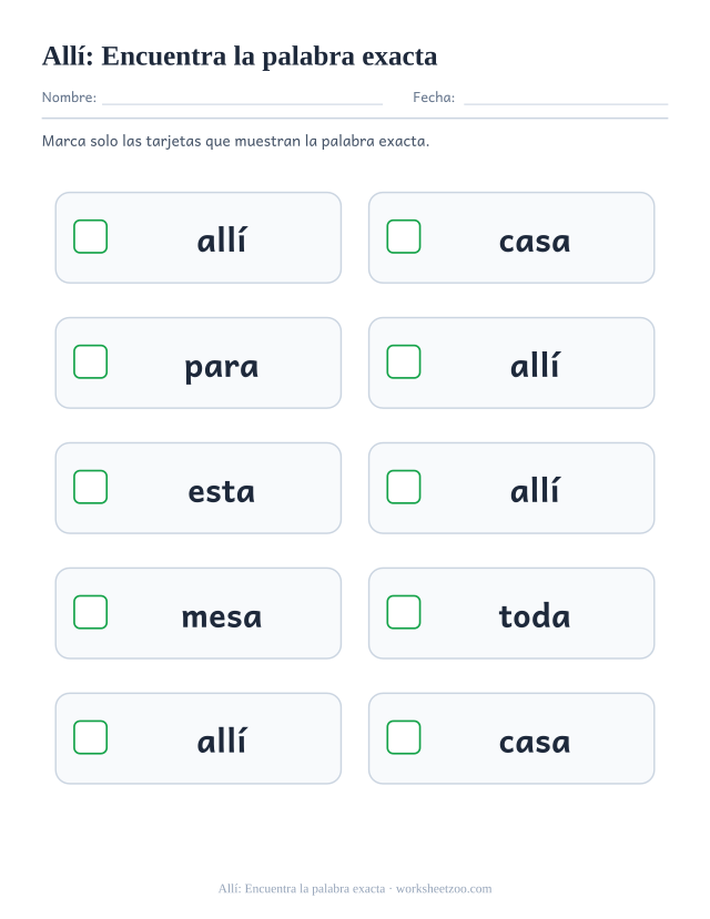 Ficha de la palabra frecuente «allí», encuentra la palabra exacta para imprimir