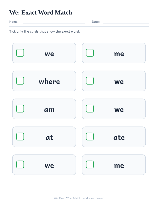 Sight word “we” worksheet, exact word match printable activity