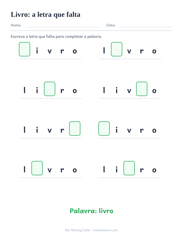 Prévia da palavra frequente “livro”, a letra que falta