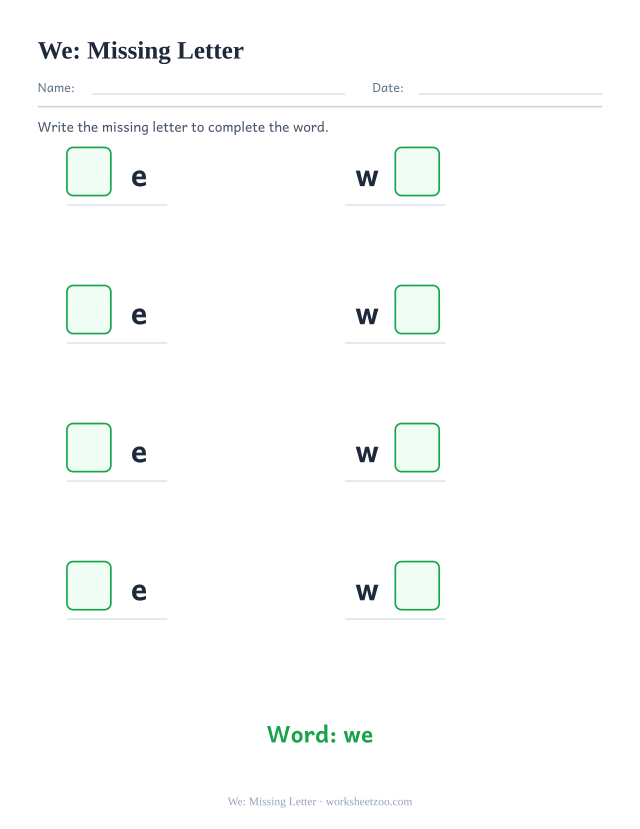Sight word “we” worksheet, missing letter printable activity