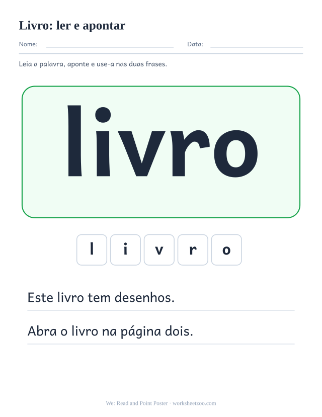 Prévia da palavra frequente “livro”, ler e apontar