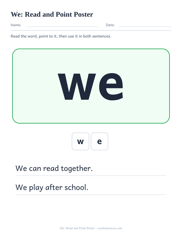 Sight word “we” worksheet, read and point poster printable activity