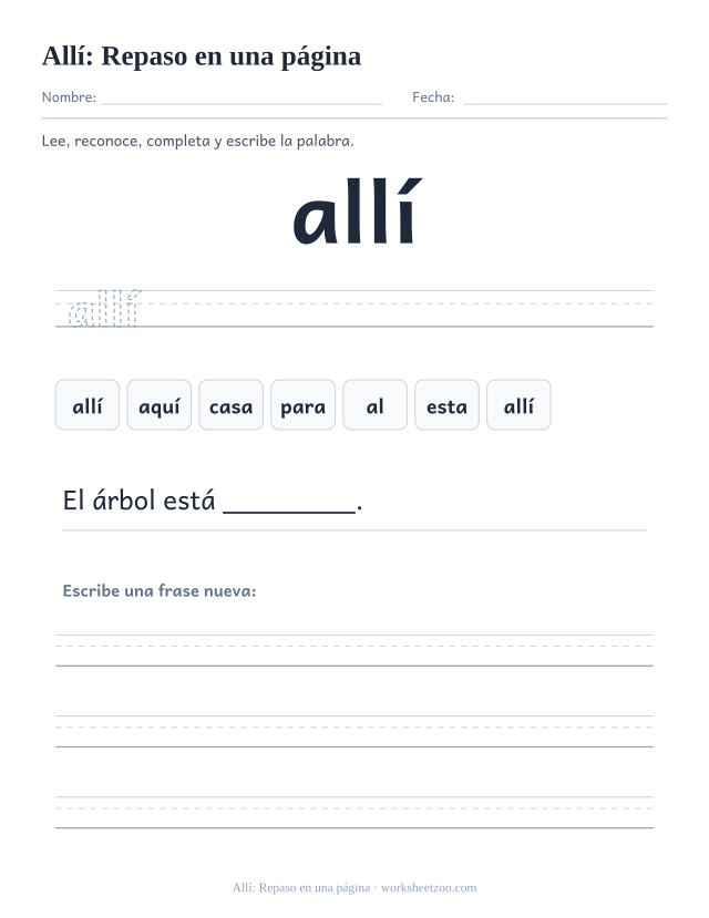 Ficha de la palabra frecuente «allí», repaso en una página para imprimir