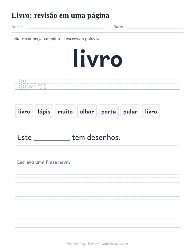 Prévia da palavra frequente “livro”, revisão em uma página