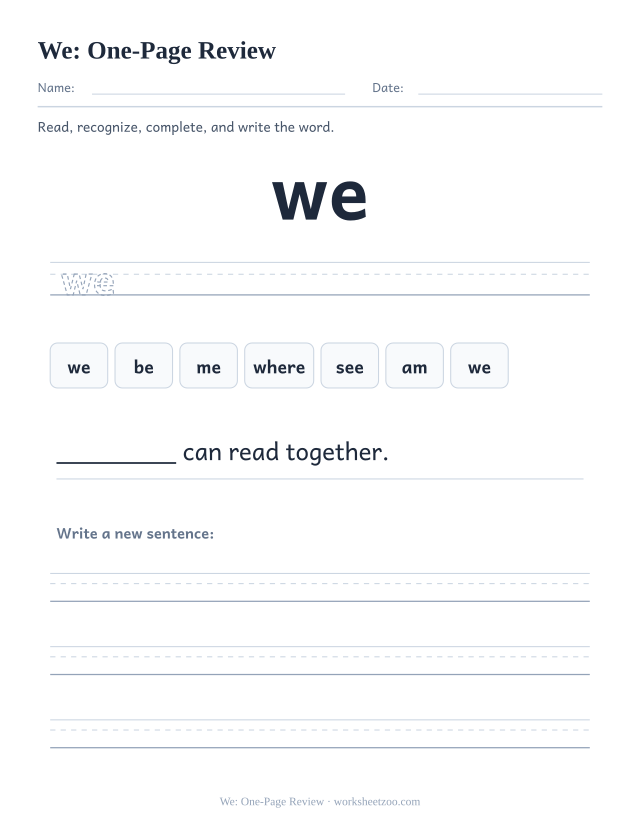 Sight word “we” worksheet, one-page review printable activity