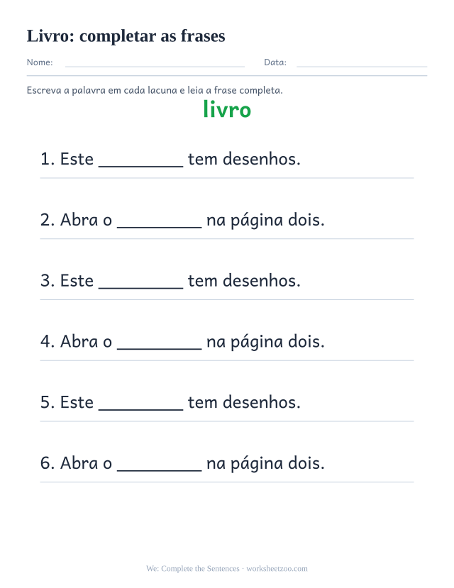 Prévia da palavra frequente “livro”, completar as frases