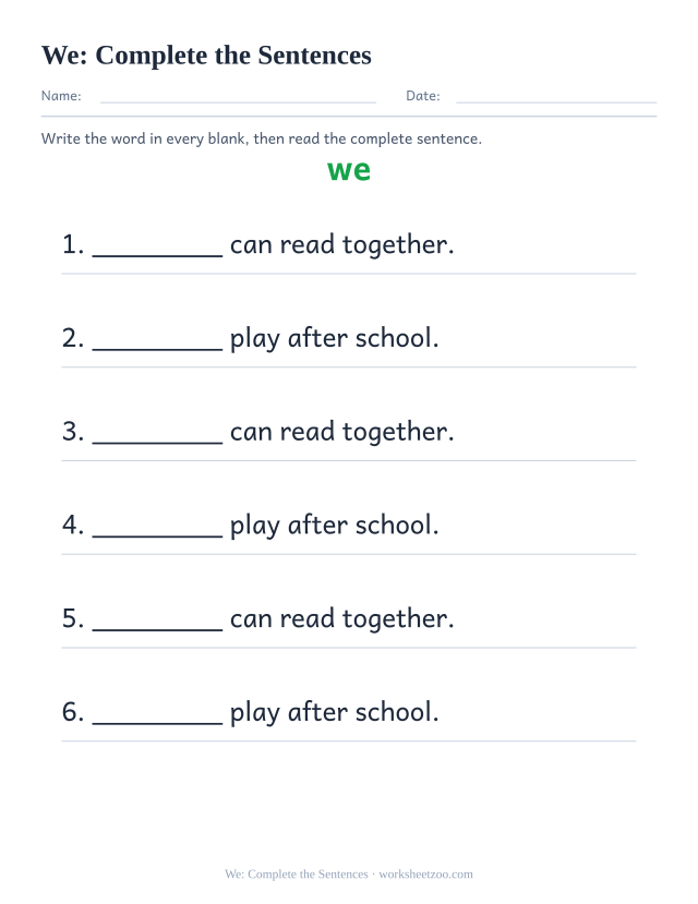 Sight word “we” worksheet, complete the sentences printable activity
