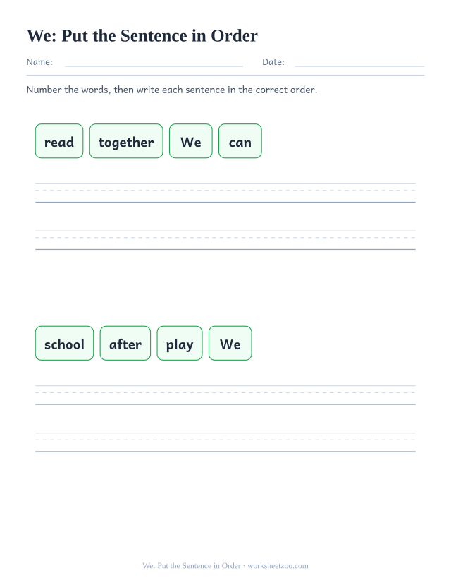Sight word “we” worksheet, put the sentence in order printable activity