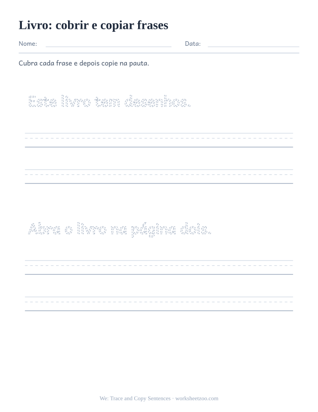 Prévia da palavra frequente “livro”, cobrir e copiar frases