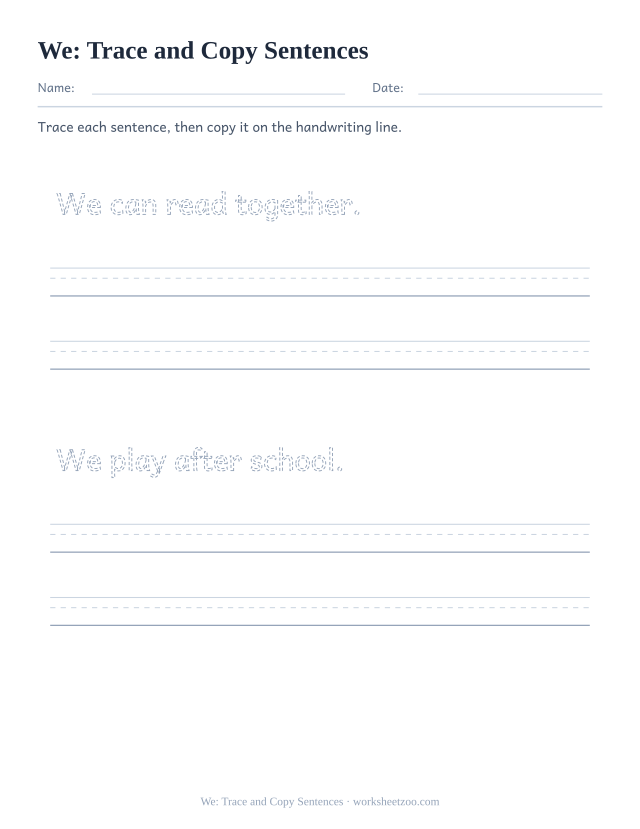 Sight word “we” worksheet, trace and copy sentences printable activity