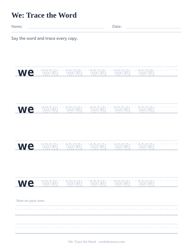 Sight word “we” worksheet, trace the word printable activity