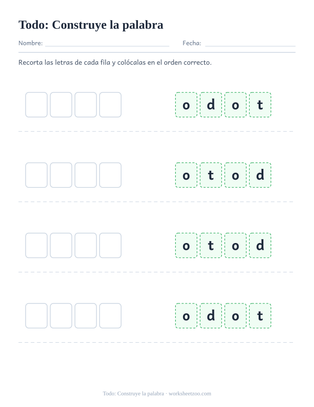 Ficha de la palabra frecuente «todo», construye la palabra para imprimir