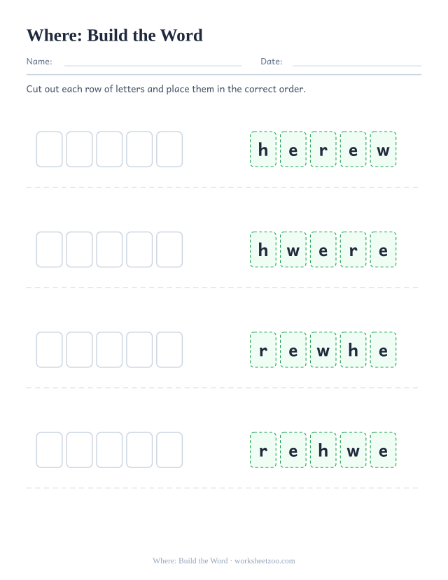 Sight word “where” worksheet, build the word printable activity