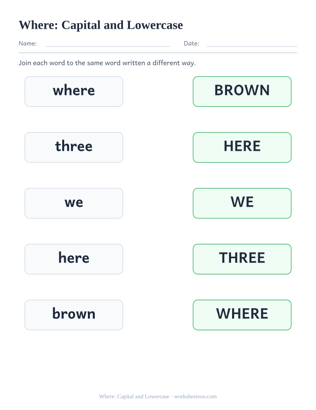 Sight word “where” worksheet, capital and lowercase printable activity