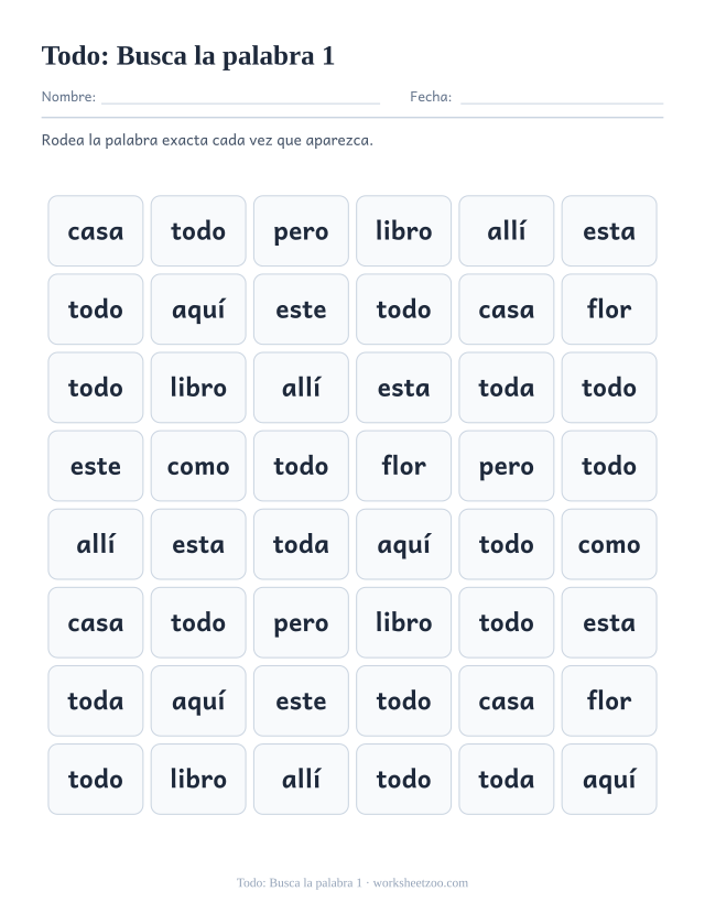 Ficha de la palabra frecuente «todo», busca la palabra 1 para imprimir