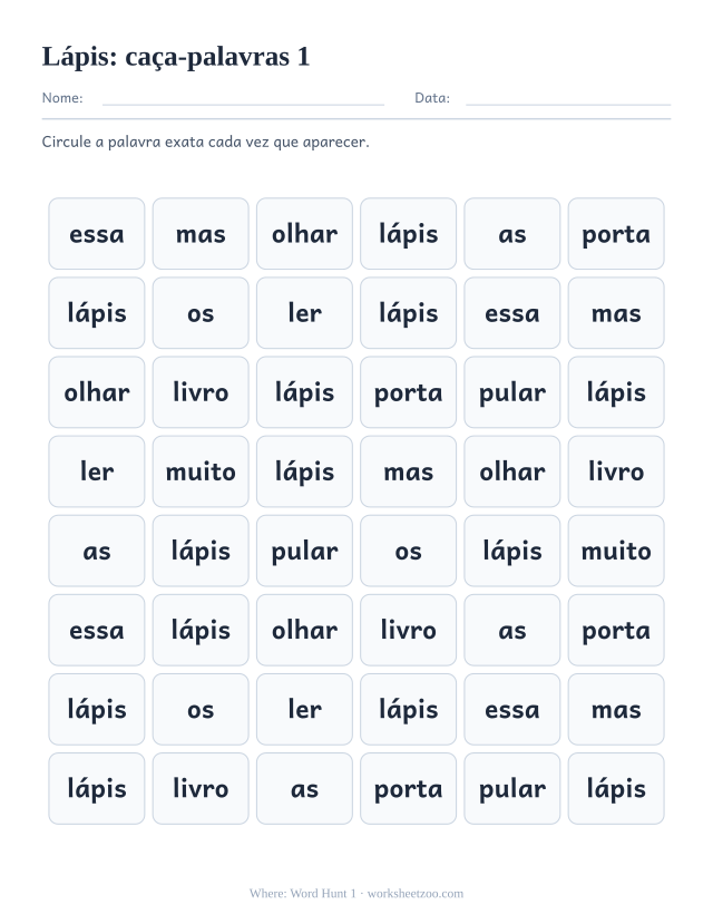 Prévia da palavra frequente “lápis”, caça-palavras 1