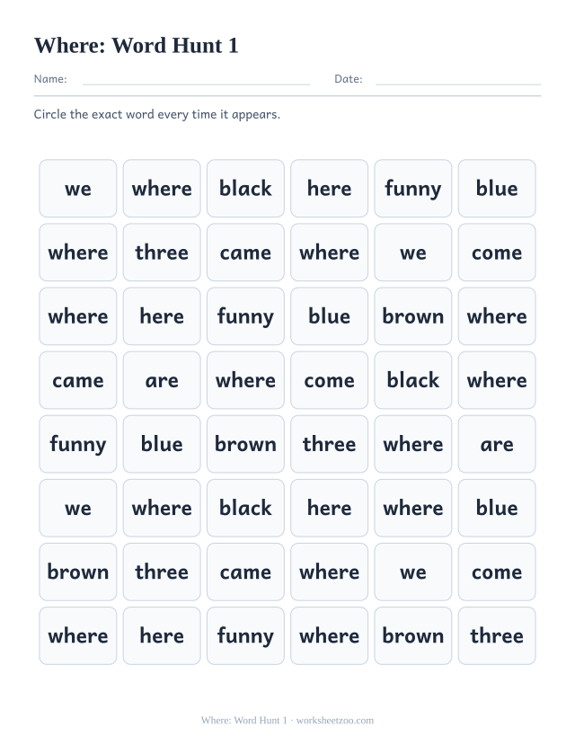 Sight word “where” worksheet, word hunt 1 printable activity