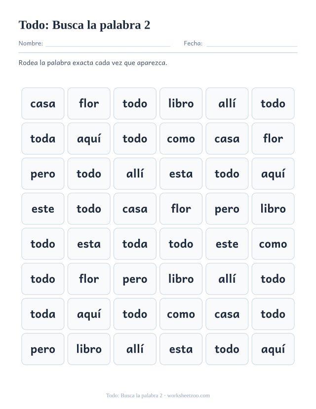 Ficha de la palabra frecuente «todo», busca la palabra 2 para imprimir