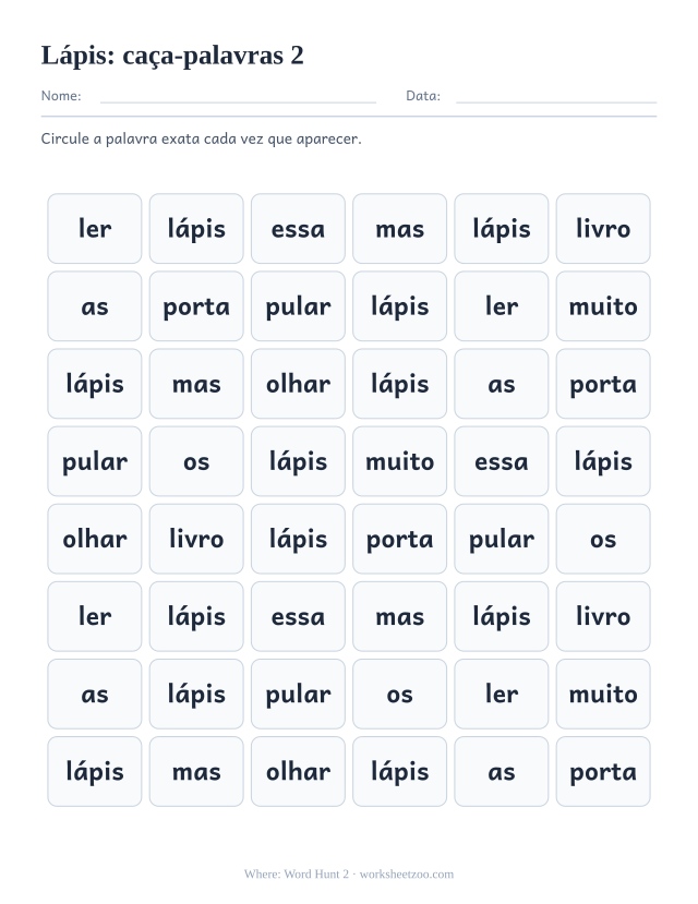 Prévia da palavra frequente “lápis”, caça-palavras 2